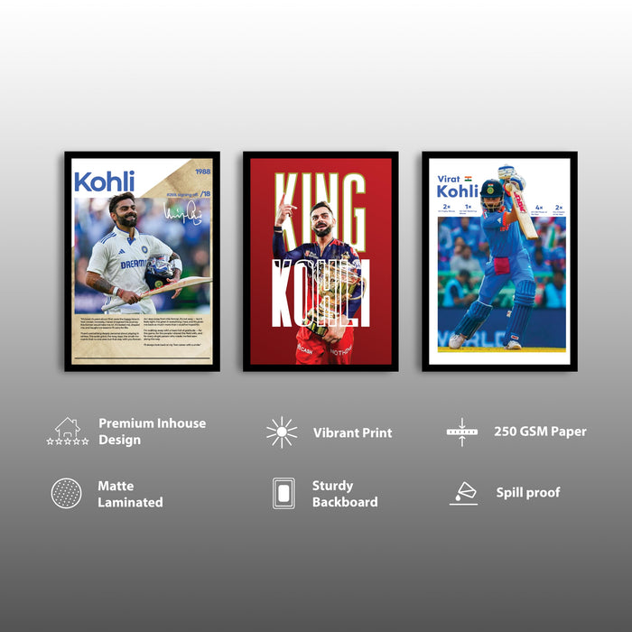 Virat Kohli Framed Wall Poster | Indian Cricket Legend Wall Art | Premium Sports Decor for Living Room, Bedroom & Office For Home Decor (13.9 Inch x 17.6 Inch, Set of 3)