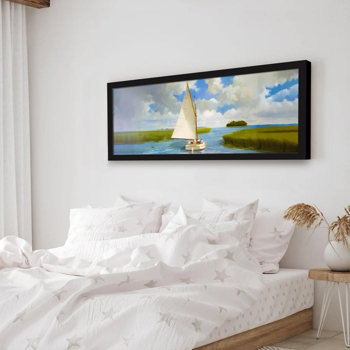 Swamp Area with Sailboat Landscape Wall Art Framed Luxury Paintings for Home Decoration, Living room, Bedroom and Office Decoration (99x38 CM)