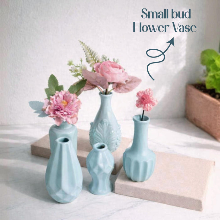 Set of 5 Light Blue Ceramic Decorative Vases for Home Decor | Modern Minimal Flower Vase Set for Living Room, Bedroom, Table & Gift