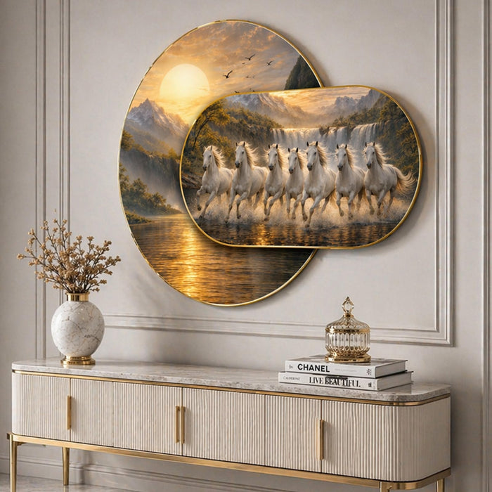 7 White Running Horses Framed Painting For Living Room Abstract Vastu Sunrise Unique Layered Home Wall Decor- 56x82 cm