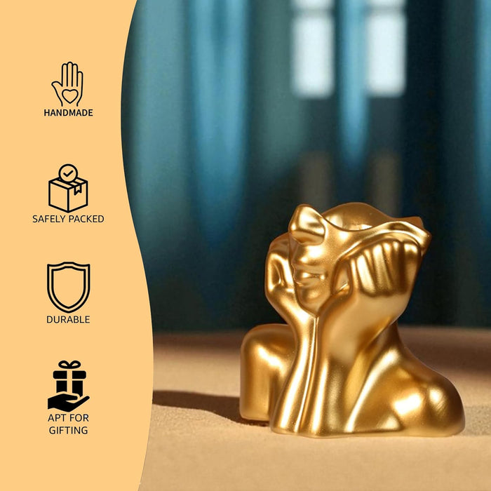 Golden Resin Face Flower Vase Handmade Human Face Shaped Pot Decorative Showpiece – 11x13 cm