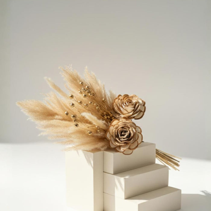 Art Street White Ceramic Decorative Vase with Pampas Grass & Golden Wood Flowers | Minimalist Table Decor | Aesthetic Home Decoration for Living Room, Bedroom, Entryway | Dried Flower Arrangement Set