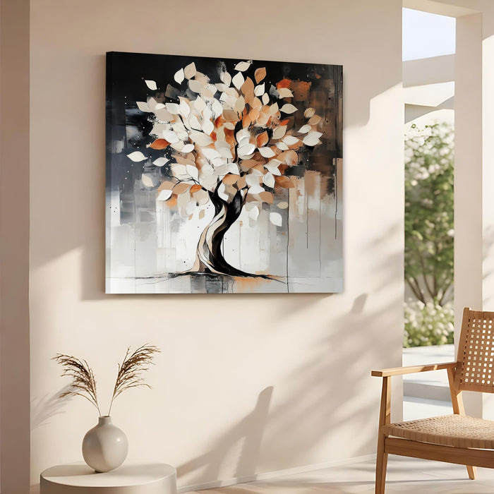 Abstract Tree of Life Stretched Canvas Wall Art Painting For Living Room, Minimalist Neutral Tones Wishing Tree Painting, Modern Botanical for Living Room, Bedroom & Office (56xx56 cm)