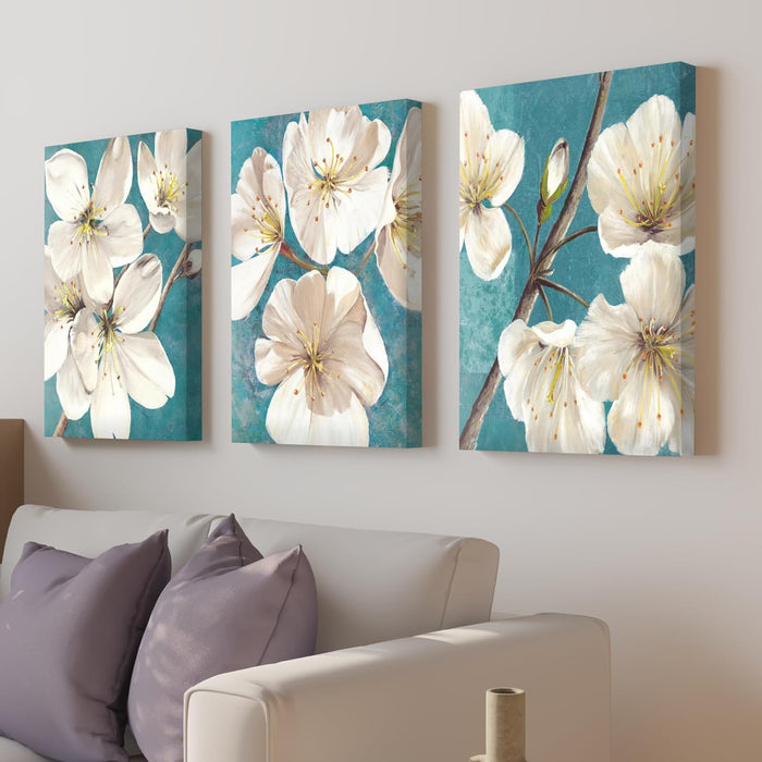 Art Street Stretched Canvas Painting White Blossom Apricot Flower For Living Room Decoration (Set of 3, Size: 16x22 Inch)