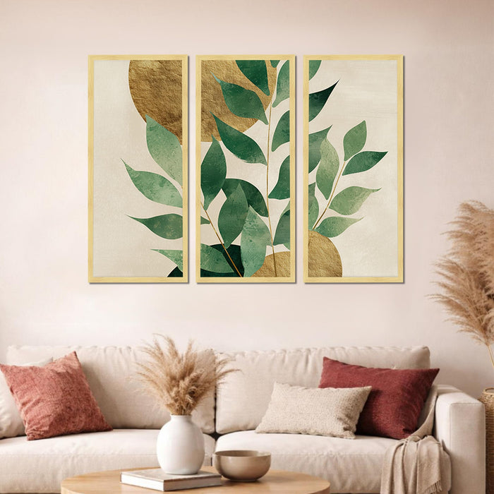 Botanical Leaf Framed Wall Art Set of 3 | Modern Nature-Inspired Boho Wall Décor | Engineered Wood Frame Art for Living Room, Bedroom & Office, 8.9x18.9 Inch