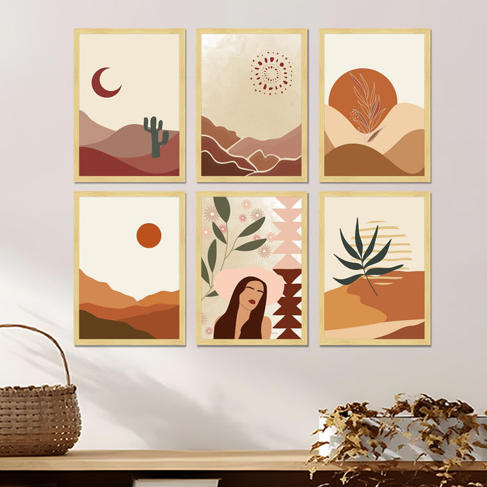 Boho Desert Framed Painting Wall Art Set of 6 | Sun, Moon, Botanical & Abstract Prints | Warm Earth Tones | Engineered wood Frame Wall Décor, (Size: A3)