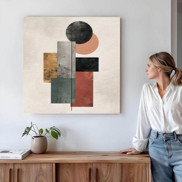 Modern Abstract Geometric Stretched Canvas Wall Art Painting For Living Room, Mid-Century Modern Circles & Rectangles Poster, Contemporary Decor for Living Room & Office (56xx56 cm)
