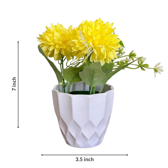 Ceramic Potted Vase Artificial Dhalia, Marigold Flower with Pot for Table Top (Yellow, Size: 3.5x7 Inch)