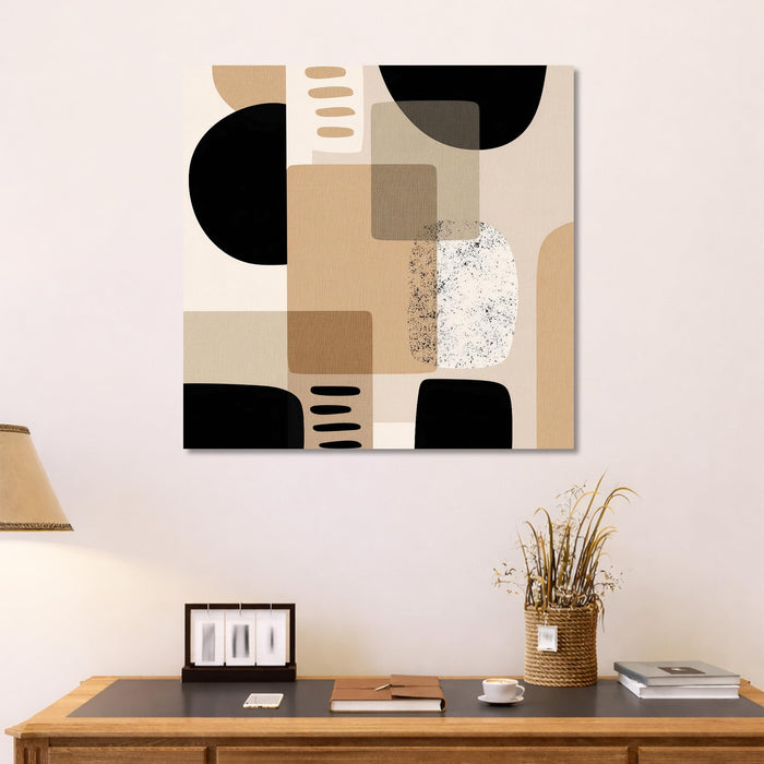 Mid-Century Modern Geometric Wall Art Painting For Living Room, Minimalist Abstract Shapes Stretched Canvas Painting, Black & Brown, Contemporary Boho Decor for Living Room & Office (56xx56 cm)
