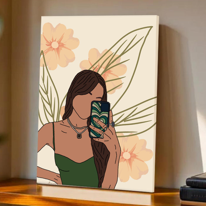 P Abstract Women cell phone Stretched Canvas Wall Art Modern Boho Illustration Painting for Home & Office Wall Decor, (16x22 Inch)