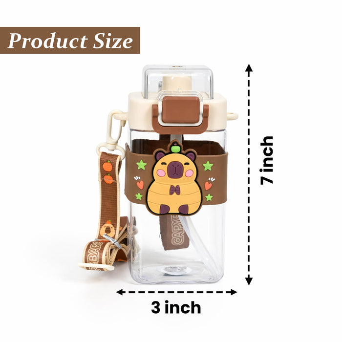 Art Street Water Bottle for Kids – 550ML Square Sipper with 3D Silicone Charm, Adjustable Shoulder Strap, Leak-Proof & BPA-Free Portable Travel Bottle for School & Outdoors (Brown, 7x3)