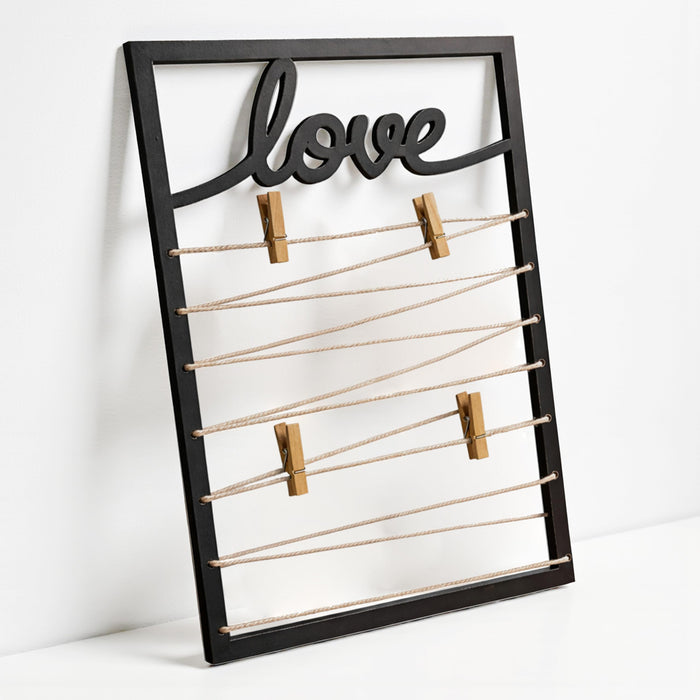 Art Street Love Themed String Photo Frame with Clips, Vertical Wooden Photo Display with Jute Rope 4 Pictures Valentine’s Day Gift Anniversary, Wedding Gift for Couple, Black MDF, 20x30 cm