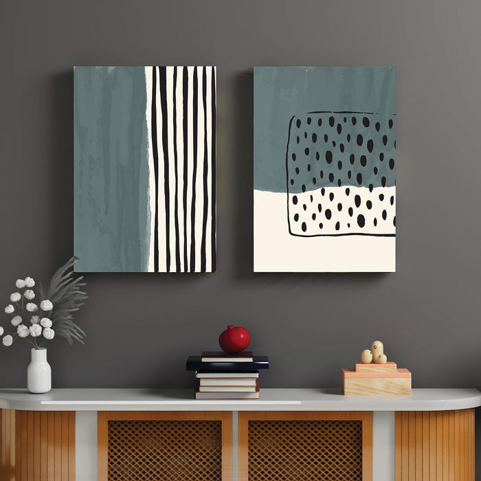 Art Street Stretched Canvas Painting Abstract Geometric shapes, lines & Dots Print For Living Room Decoration (Set of 2, Size: 16x22 Inch)