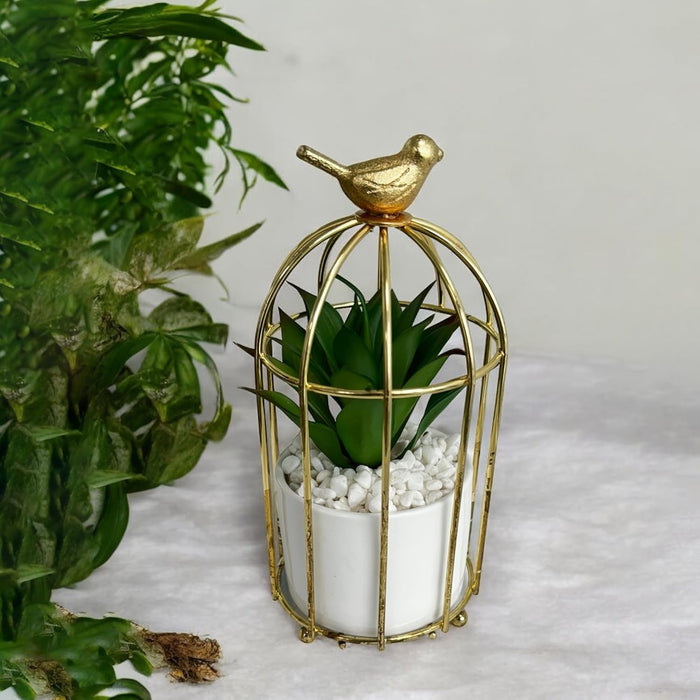 Art Street Artificial Plant & Pot in Gold Metal Cage with Bird, Fake Aloevera Plant in Pot for Home, Table, Window, Living Room, Bedroom, Office (White, Size: 3x7 Inch)