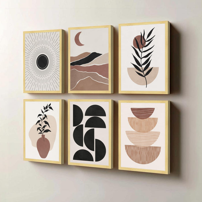 Boho Portrait & Abstract Framed Painting Wall Art Set of 6 | Modern Feminine, Botanical & Rainbow Prints | Soft Neutral Tones | Engineered wood Frame Wall Décor, (Size: A3)