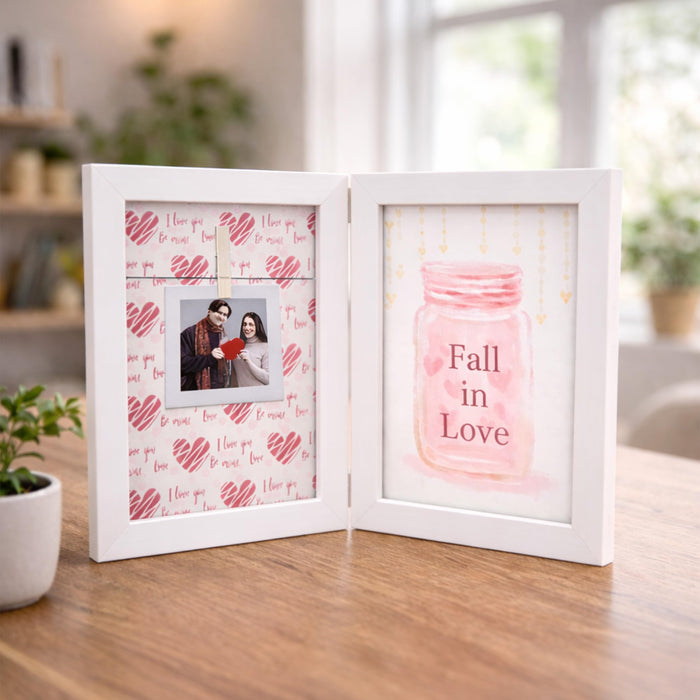 Greeting Card Photo Frame for Couples, Wooden Double Folding Love Photo Frame with Clip, Valentine’s Day Romantic Gift for Boyfriend, Girlfriend, Anniversary Wedding (5.2 x 7.2 Inch, White)