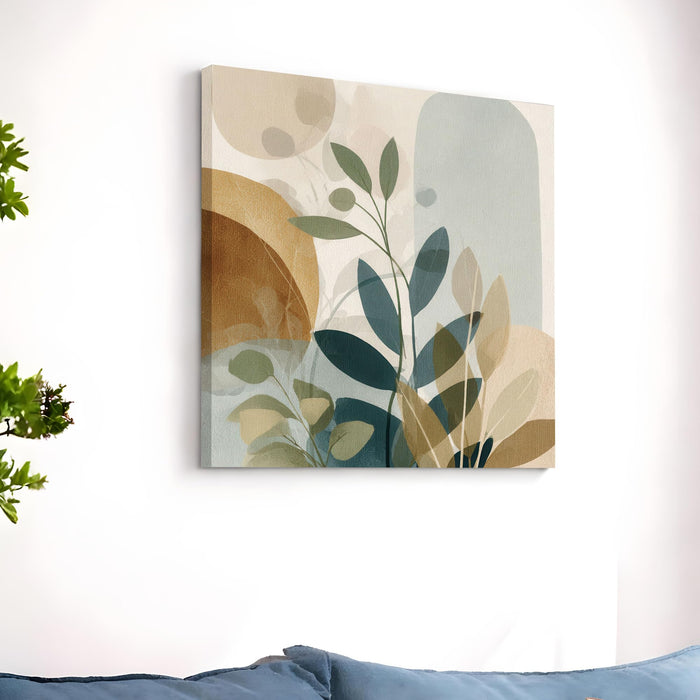 Abstract Botanical Stretched Canvas Wall Art Painting For Living room, Modern Boho Sage Green & Earth Tone Floral Print, Minimalist Nature for Living Room, Bedroom & Office Decor (56xx56 cm)