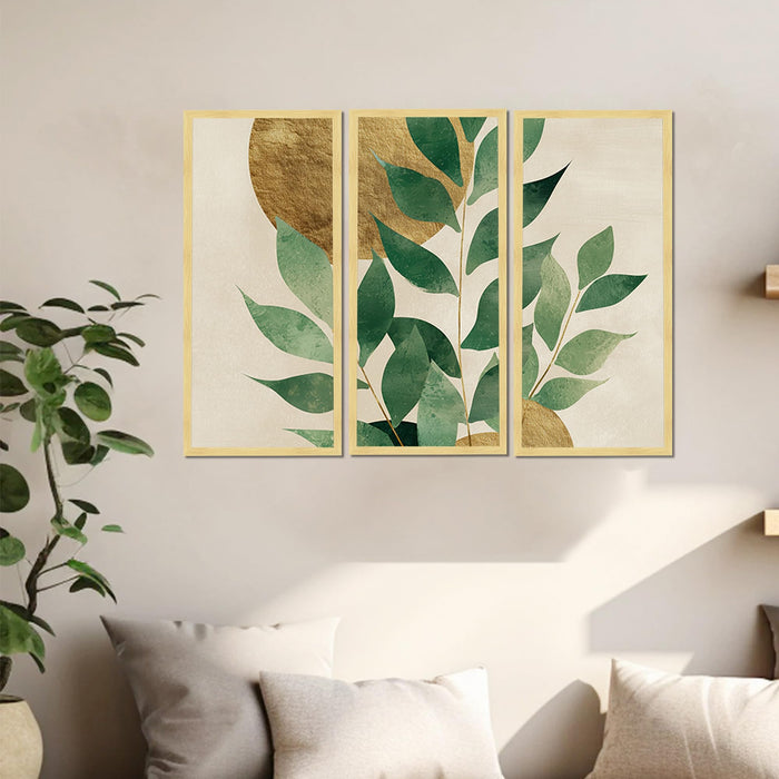 Botanical Leaf Framed Wall Art Set of 3 | Modern Nature-Inspired Boho Wall Décor | Engineered Wood Frame Art for Living Room, Bedroom & Office, 8.9x18.9 Inch