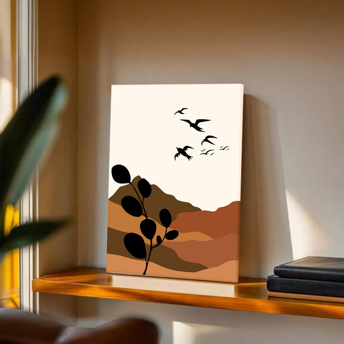 PAINTINGMANTRA Abstract Desert and birds Stretched Canvas Wall Art Modern Boho Illustration Painting for Home & Office Wall Decor, (16x22 Inch)