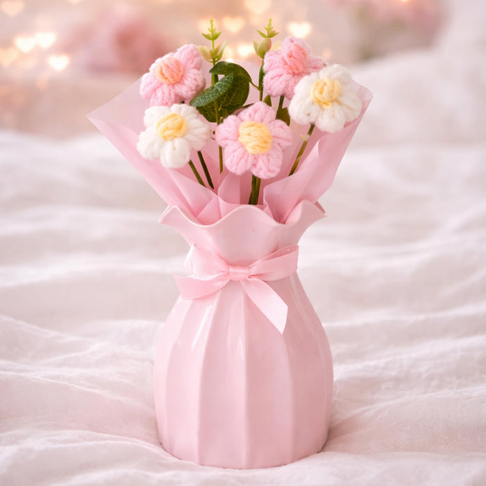 Art Street Handmade Knitted Flower Bouquet with Pink Ribbon Reusable Vase – Artificial Wool Flowers & Eucalyptus Arrangement | Home & Office Table Décor | Gift for Valentine Day