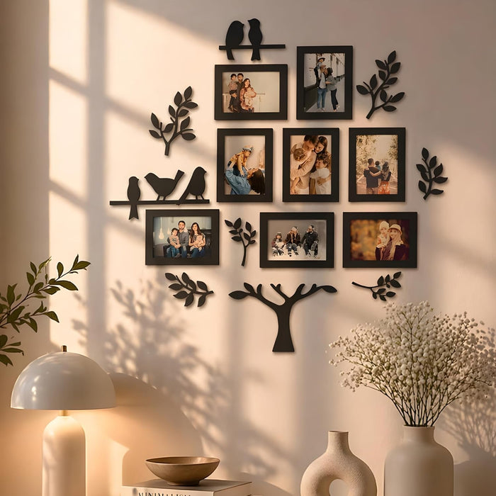 Family Tree Photo Frame Set of 13 Pieces for Living Room | MDF Wall Décor with Family Quote & Leaf Design | Wooden Picture Frames for Home Decoration