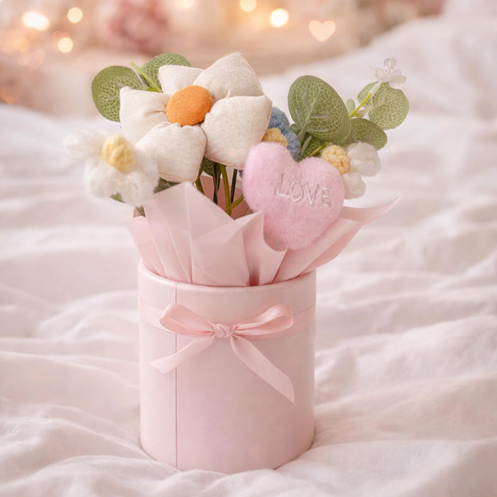 Art Street Handmade Knitted Flower Bouquet in Pink Gift Box – Artificial Daisy & Eucalyptus Arrangement with Soft Fabric Heart | Decorative Table Décor & Gift for Birthday, Anniversary, Valentine