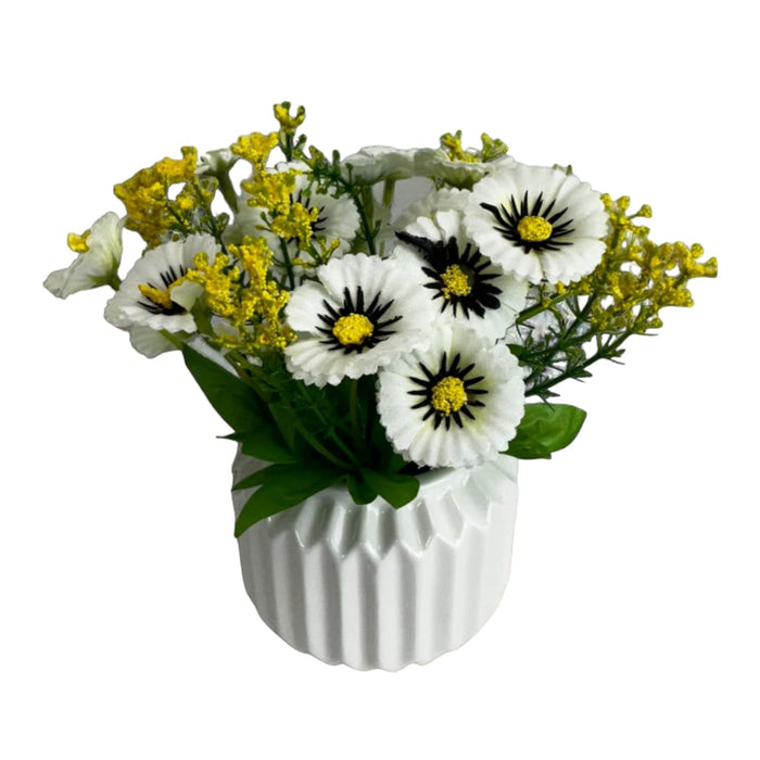 Art Street Ceremic Flower Vase with Artificial Flowers, White Daisy Bunch Silk Flowers in Pot for Home, Table, Window, Living Room, Bedroom, Office (White, Size: 3.2x8 Inch)