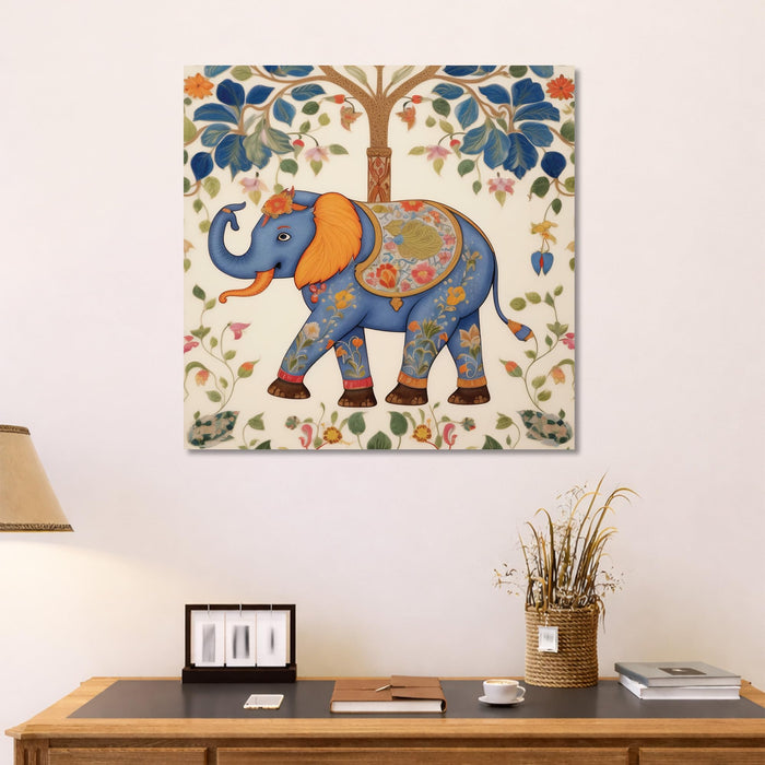 Traditional Madhubani Blue Elephant Stretched Wall Art Painting For Living Room, Indian Folk Tree of Life Stretched Canvas Painting, Ethnic Home Decor for Living Room & Office (56xx56 cm)