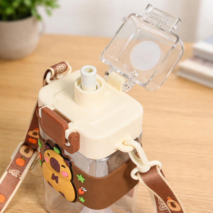Art Street Water Bottle for Kids – 550ML Square Sipper with 3D Silicone Charm, Adjustable Shoulder Strap, Leak-Proof & BPA-Free Portable Travel Bottle for School & Outdoors (Brown, 7x3)