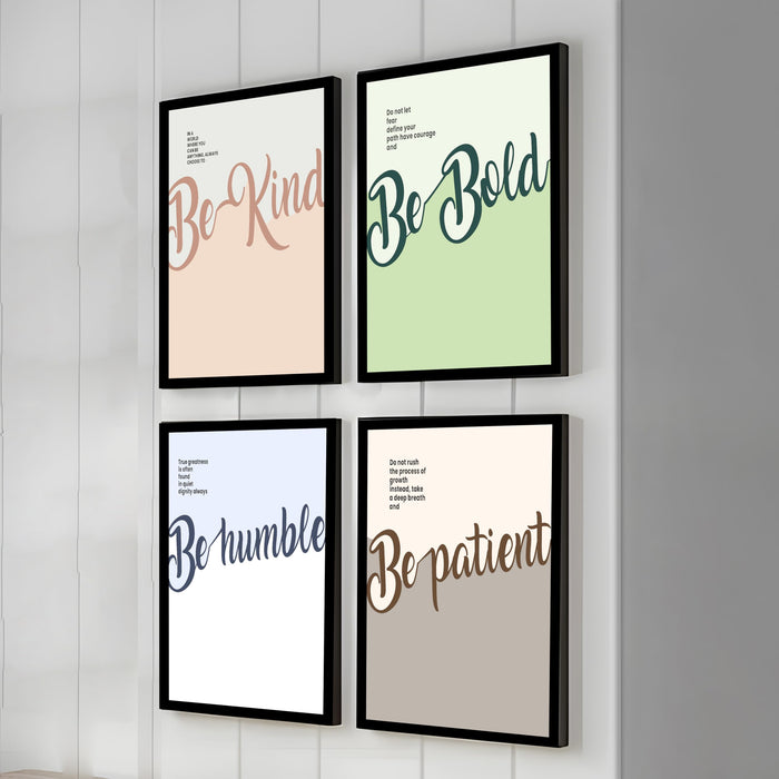 Be Kind Be Bold Be Humble Be Patient Framed Wall Art Set of 4 | Motivational Quote Prints for Home, Office & Study Room Décor, 23x32 cm