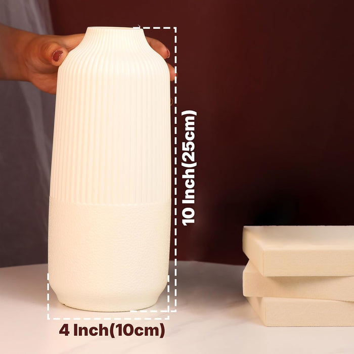 Beautiful Flower Vases for Home PVC Pot for Plants Stand Elegant Ribbed Texture White Vase Pot, Made of Durable Plastic PVC Height - 25 cm