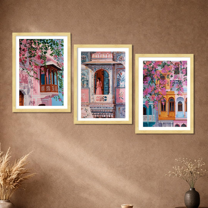 Abstract Indian Traditional A3 Framed Poster for Living Room With Frame, Women's Day Gift Abstract Architecture Framed Posters for Home Decor Bedroom Hallways Office Hotel Set of 3, Size 33x45 cm