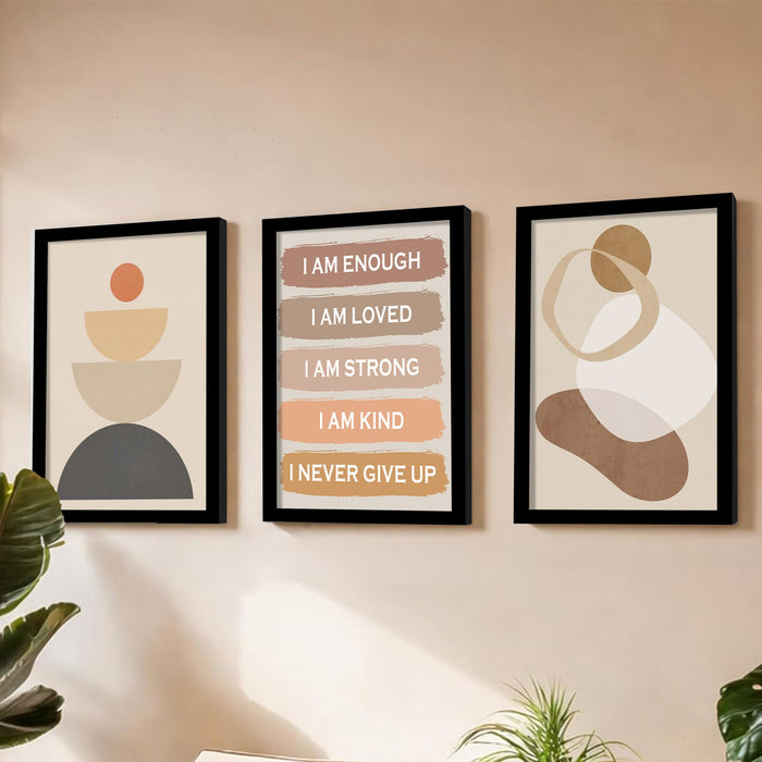 PAINTINGMANTRA Self Motivational Boho A3 Framed Posters for Living Room with Frame, I AM ENOUGH Bohemian Quotes Wall Poster for Home Decor Bedroom Hallways Office Hotel Set of 3, Size 33x45 cm