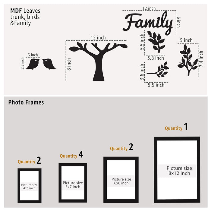 Family Tree Wall Photo Frame Set Pack of 9 with 10 MDF Cutouts for Home Decoration Wall Photo Frame Collage for Living Room Bedroom