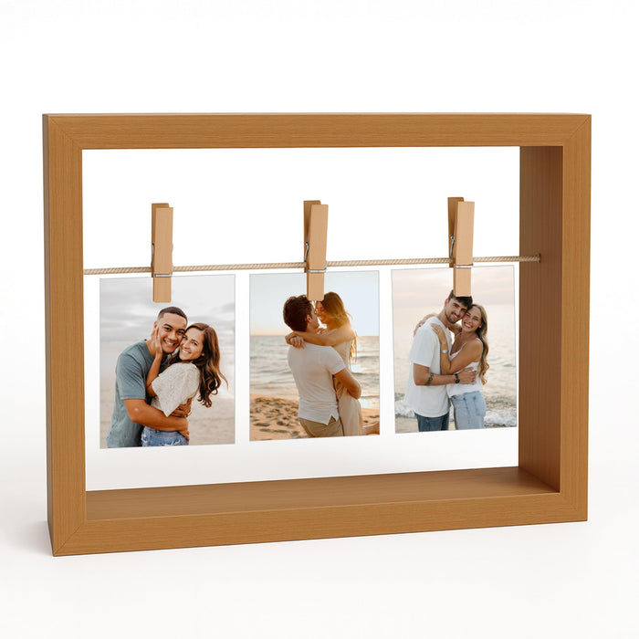 Art Street Open Box Modern Wooden Photo Frame Brown Wooden Picture Display Frame with Clips, Creative Hanging Photo Display for Desk and Shelf Decor, Picture Frames for Home Decor 17x22 cm