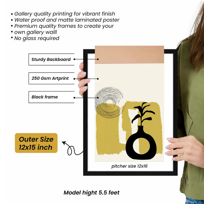 Abstract Botanical & Geometric Framed Painting Wall Art Set of 6 | Modern Neutral Prints | Beige, Brown & Black Tones | Engineered wood Frame Wall Décor, (Size: A3)