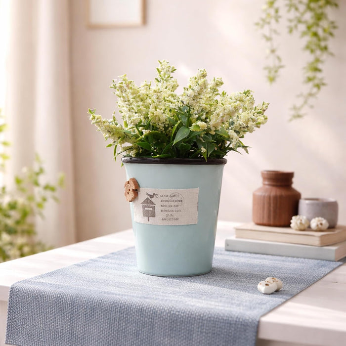 Ceramic Flower Pot with Artificial White Flowers | Decorative Tabletop Planter for Home, Office