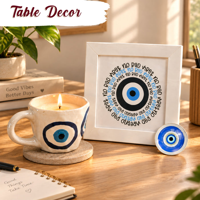 Diwali Evil Eye Gift Set with Photo Framed Art, Evil Eye Scented Candle & Round Coaster