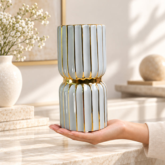 Ceramic Flower Vase For Living Room| Modern Decorative Home Décor| Flower Vase for Centerpieces & Tables| New Year, Christmas Decoration (Grey, 3.8x7.5 Inch)| Free Flower Stick with Vase