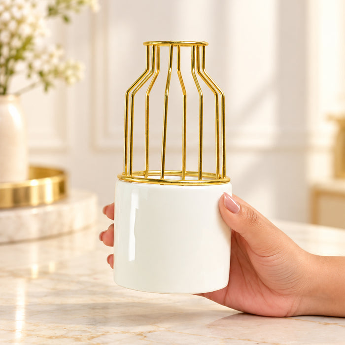 Ceramic Vase with Gold Metal Finish| White Flower Pot for Home| Living Room, Bedroom & Office Décor| Vase for Gift| Size 7x3 Inch| Free Flower Stick with Vase