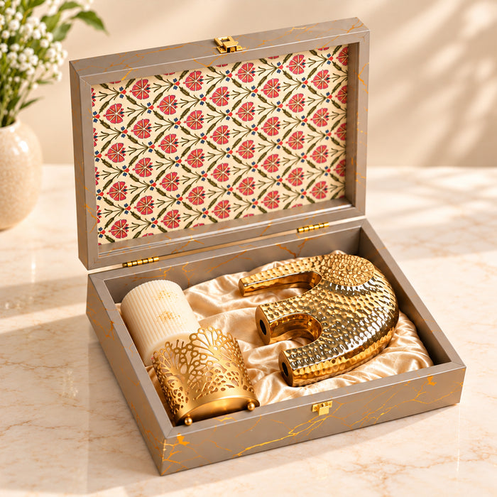 Diwali Luxury Gift Box with Gold Textured Elephant Figurine & Cutout Metal Votive Candle Holder in Satin-Lined Wooden Box