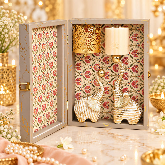 Diwali Luxury Gift Box with Gold Textured Elephant Figurine & Cutout Metal Votive Candle Holder in Satin-Lined Wooden Box