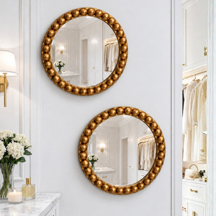 Round Wall Mirror Set of 2, Golden Beaded Frame Decorative Wall Mirrors for Living Room, Bedroom & Home Decor (10x10 Inch)