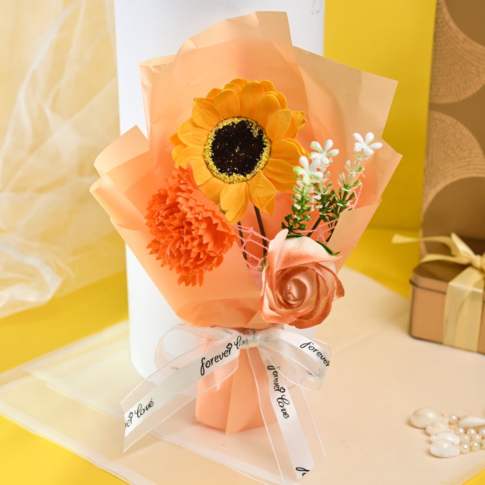 Artificial Flower Bouquet with Sunflower, Rose & Carnation in Peach Wrap, Mini Floral Gift for Birthday, Anniversary & Special Occasions