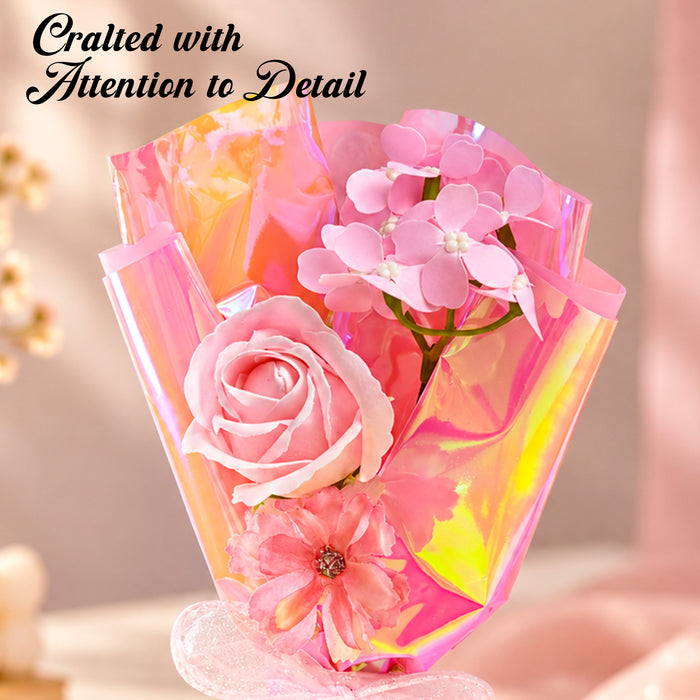 Pink Artificial Rose & Blossom Mini Bouquet, Elegant Floral Gift Wrapped in Pink Foil for Birthday, Anniversary, Valentine’s Day & Gifting