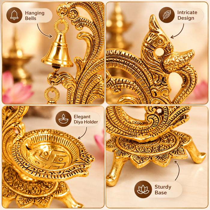 Diwali Peacock Diya Stand with Hanging Bells, Antique Decorative Oil Lamp for Pooja, Home Temple, Diwali & Festive Decoration
