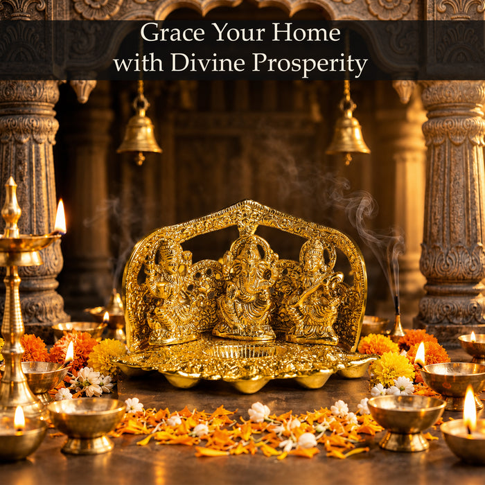 Gold Plated Laxmi Ganesh Saraswati Idol Statue Frame Set for Diwali Puja, Mandir, Home Decor & Festive Gifting