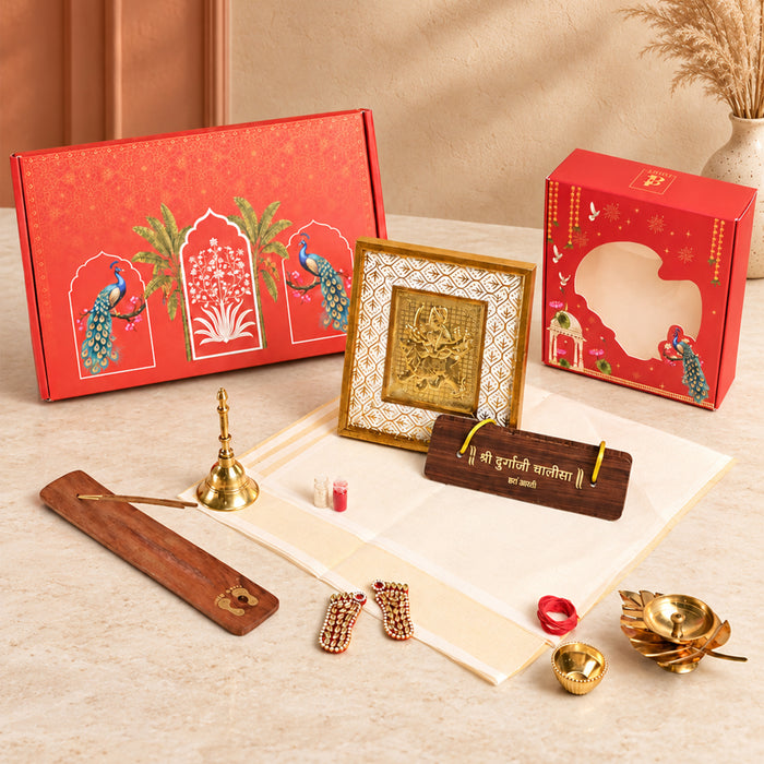 Diwali Pooja Gift Box with Brass Diya, Bell, Hanuman Chalisa Frame & Puja Accessories | Diwali Gift Hamper