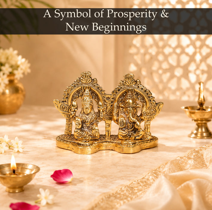 Antique Brass Laxmi Ganesh Statue Set, Metal Lakshmi Ganesha Idol Murti for Diwali Puja, Mandir & Gifting