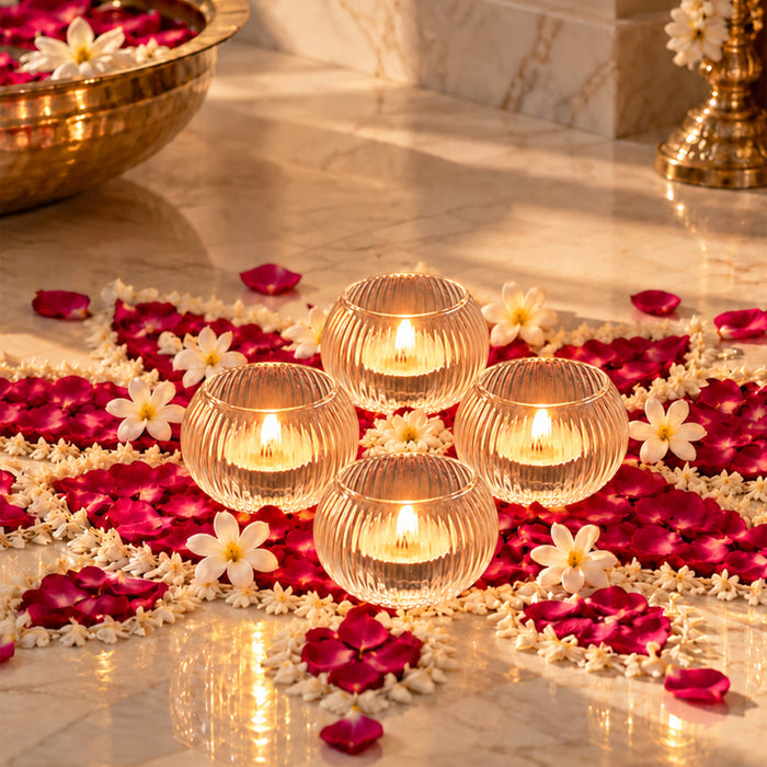 Set of 4 Glass Round Votive Candle Holders, Tea Light Cups for Diwali Decoration & Festive Home Decor (5x4.5 cm)